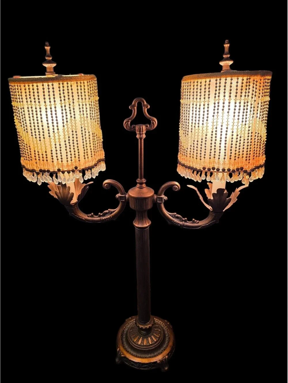 Vintage 90s Double-Arm Table Lamp with Beaded Fringe Shades 30